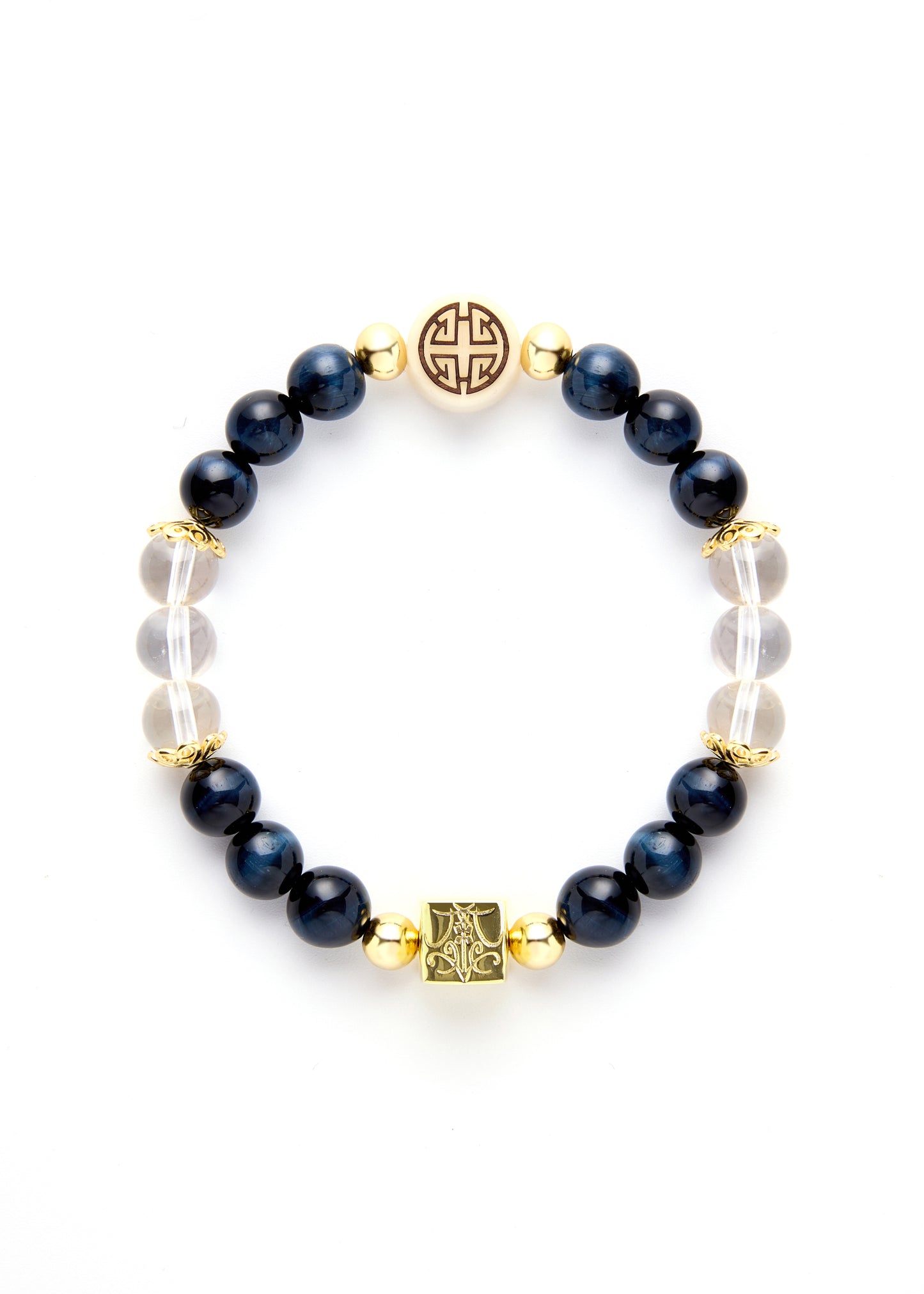 Bless of Longevity - Original Chinese Feng Shui Lucky Bracelet Charms in Hong Kong made of Gold plating Silver, Blue Eagle's Eye, Clear Quartz and Ivory Nut Blessing For : Health, Safety and Protection 