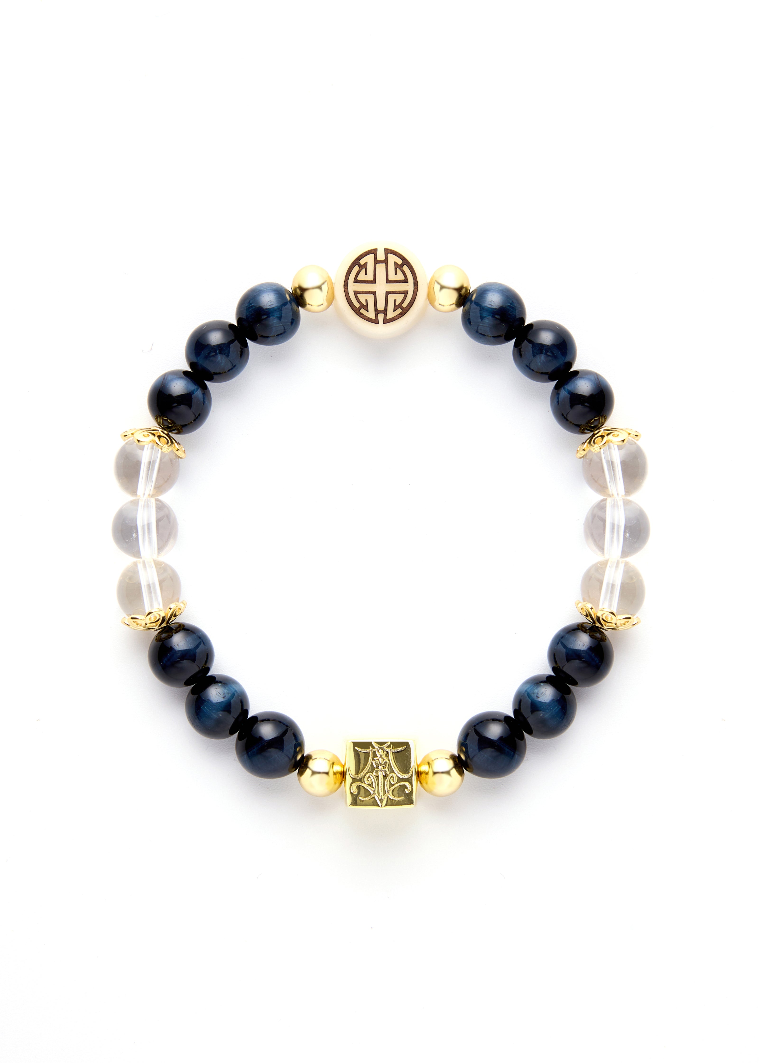 Bless of Longevity - Original Chinese Feng Shui Lucky Bracelet Charms in Hong Kong made of Gold plating Silver, Blue Eagle's Eye, Clear Quartz and Ivory Nut Blessing For : Health, Safety and Protection 