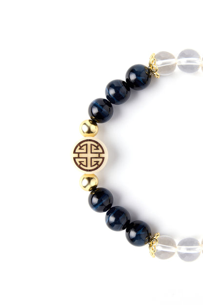 Bless of Longevity - Original Chinese Feng Shui Lucky Bracelet Charms in Hong Kong made of Gold plating Silver, Blue Eagle's Eye, Clear Quartz and Ivory Nut Blessing For : Health, Safety and Protection 