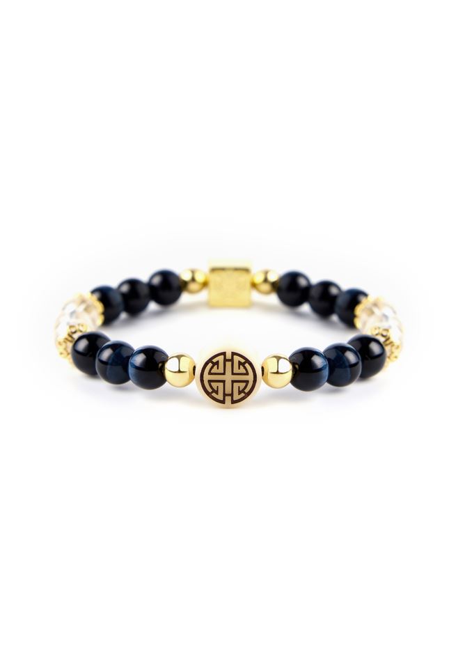 Bless of Longevity - Original Chinese Feng Shui Lucky Bracelet Charms in Hong Kong made of Gold plating Silver, Blue Eagle's Eye, Clear Quartz and Ivory Nut Blessing For : Health, Safety and Protection 