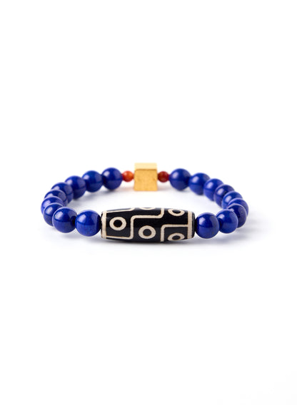 Conqueror Everything - Original Chinese Feng Shui Lucky Bracelet Charms in Hong Kong made of Gold plating Silver, Original Tibet Nine-Eyed Dzi Bead, Lazurite and South red agate Blessing For : Wealth, Talisman - Evil Warding, Career 