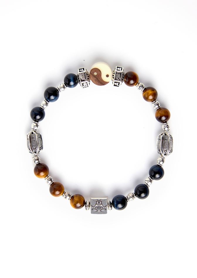 Taoist Nine-Character Mantras - Original Chinese Feng Shui Lucky Bracelet Charms in Hong Kong made of Silver, Brown Tiger's Eye, Blue Eagle's Eye and Ivory Nut. Blessing For : Talisman - Evil Warding, Safety and Protection. 