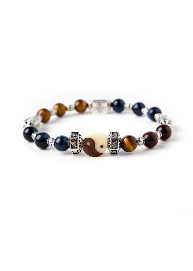 Taoist Nine-Character Mantras - Original Chinese Feng Shui Lucky Bracelet Charms in Hong Kong made of Silver, Brown Tiger's Eye, Blue Eagle's Eye and Ivory Nut. Blessing For : Talisman - Evil Warding, Safety and Protection.