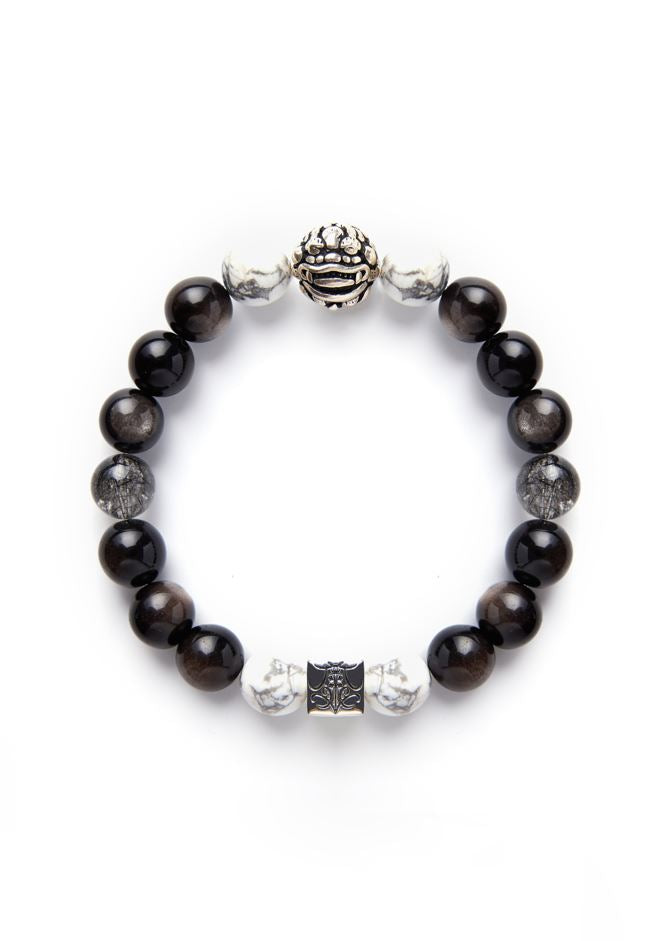 Yin and Yang PiXiu - Original Chinese Feng Shui Lucky Bracelet Charms in Hong Kong made of Silver, Hypersthene, Howlite, and Black Rutilated Quartz. Blessing For : Wealth, Talisman - Evil Warding, Safety and Protection.