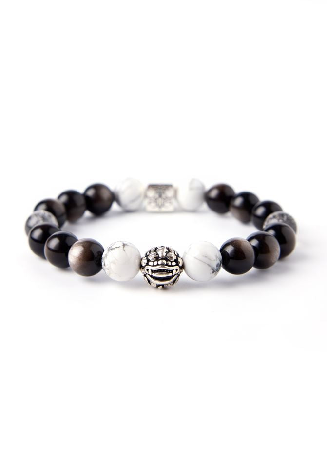 Yin and Yang PiXiu - Original Chinese Feng Shui Lucky Bracelet Charms in Hong Kong made of Silver, Hypersthene, Howlite, and Black Rutilated Quartz. Blessing For : Wealth, Talisman - Evil Warding, Safety and Protection. 