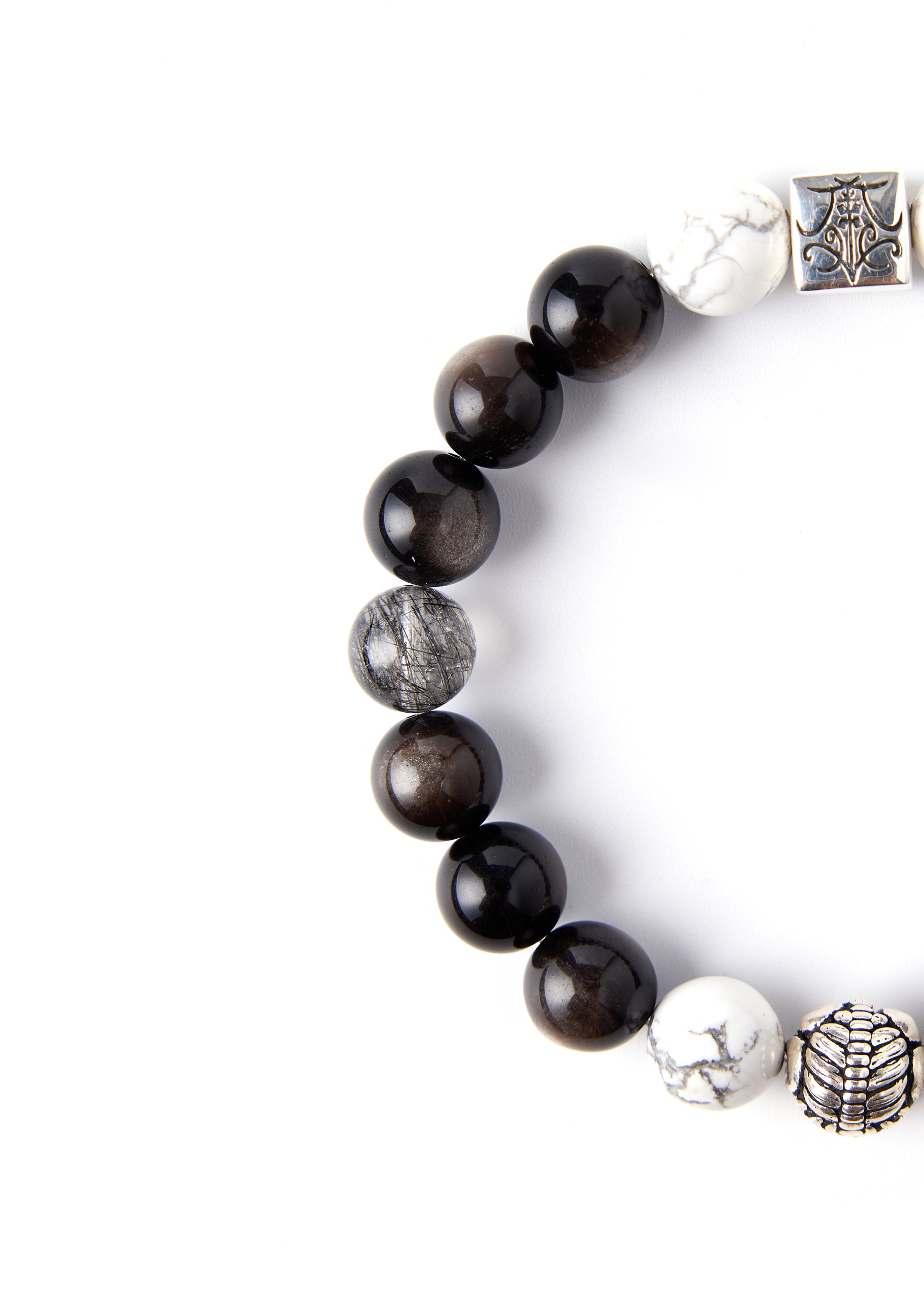 Yin and Yang PiXiu - Original Chinese Feng Shui Lucky Bracelet Charms in Hong Kong made of Silver, Hypersthene, Howlite, and Black Rutilated Quartz. Blessing For : Wealth, Talisman - Evil Warding, Safety and Protection.