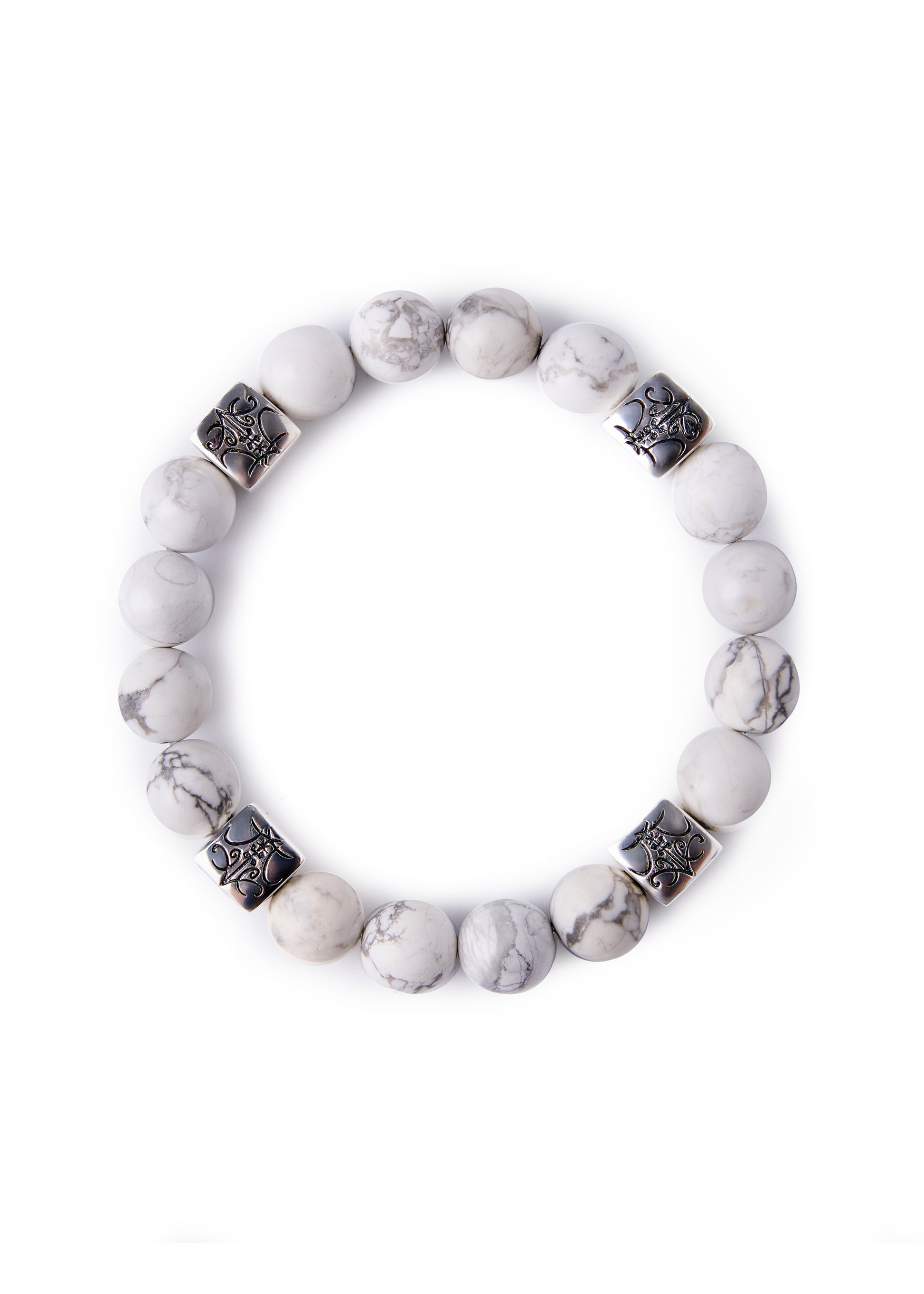 Stable happiness - Original Chinese Feng Shui Lucky Bracelet Charms in Hong Kong made of Silver, Howlite and 4 Silver Feng Shui Logo beads. Blessing For : Sooth Mood, Career, Safety and Protection, Harmonious Relationship.