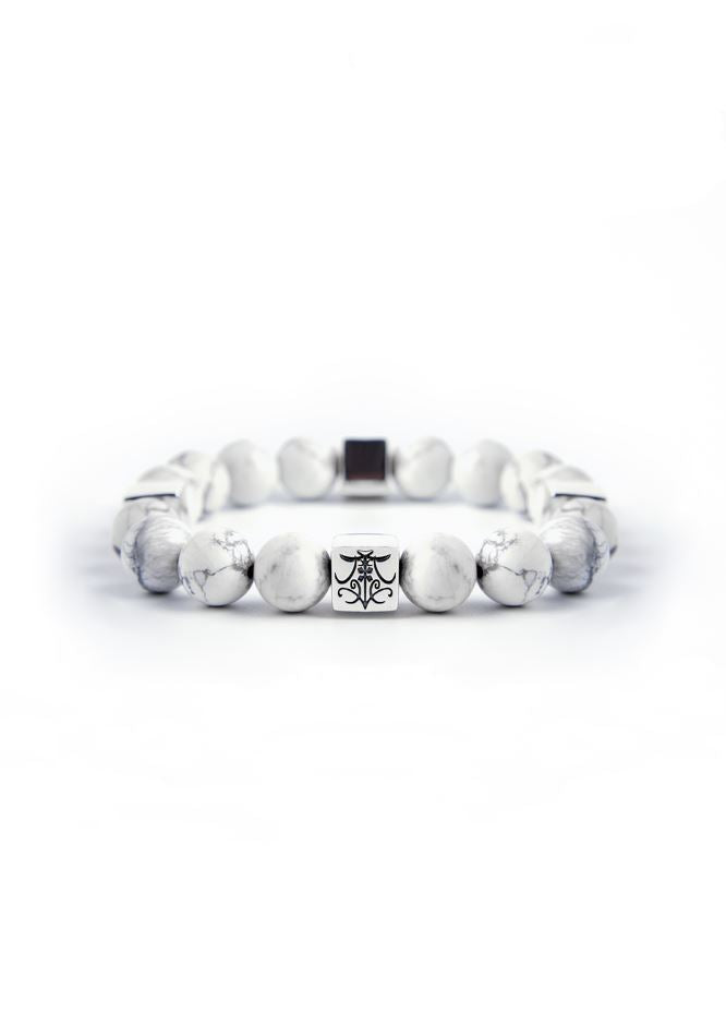 Stable happiness - Original Chinese Feng Shui Lucky Bracelet Charms in Hong Kong made of Silver, Howlite and 4 Silver Feng Shui Logo beads. Blessing For : Sooth Mood, Career, Safety and Protection, Harmonious Relationship.