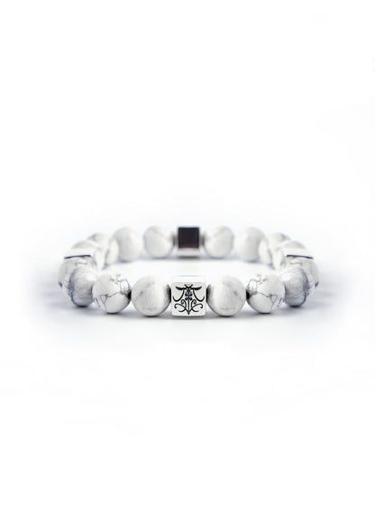 Stable happiness - Original Chinese Feng Shui Lucky Bracelet Charms in Hong Kong made of Silver, Howlite and 4 Silver Feng Shui Logo beads. Blessing For : Sooth Mood, Career, Safety and Protection, Harmonious Relationship.