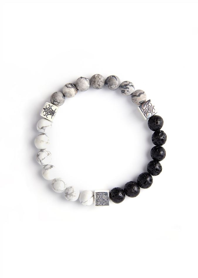 Harmonic Balance - Original Chinese Feng Shui Lucky Bracelet Charms in Hong Kong made of Silver, Lava stone, Picasso Stone and Howlite. Blessing For : Harmonious Relationships, Talisman - Evil Warding, Safety and Protection.