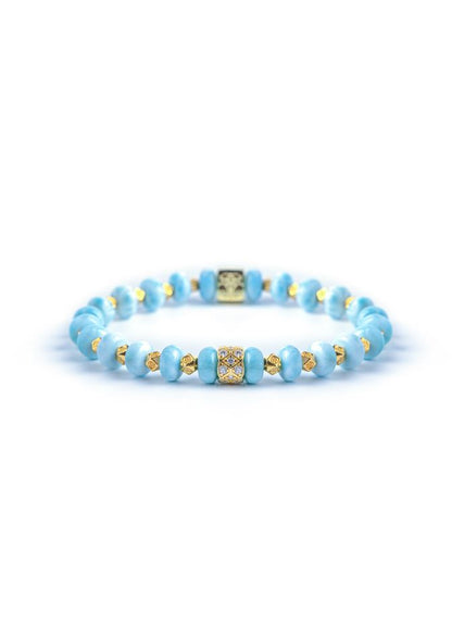 Money Comes Like Water - Original Chinese Feng Shui Lucky Bracelet Charms in Hong Kong made of Gold plating Silver, Larimar and Gold-colored & Shiny beads. Blessing For : Luck Leap, Wealth.