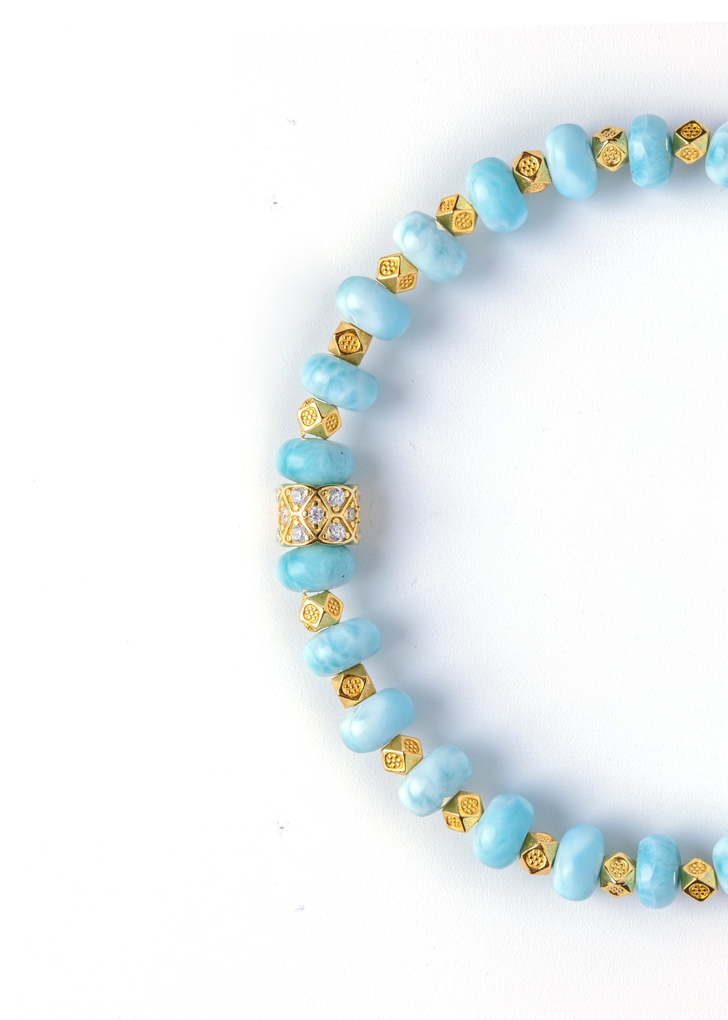 Money Comes Like Water - Original Chinese Feng Shui Lucky Bracelet Charms in Hong Kong made of Gold plating Silver, Larimar and Gold-colored & Shiny beads. Blessing For : Luck Leap, Wealth.