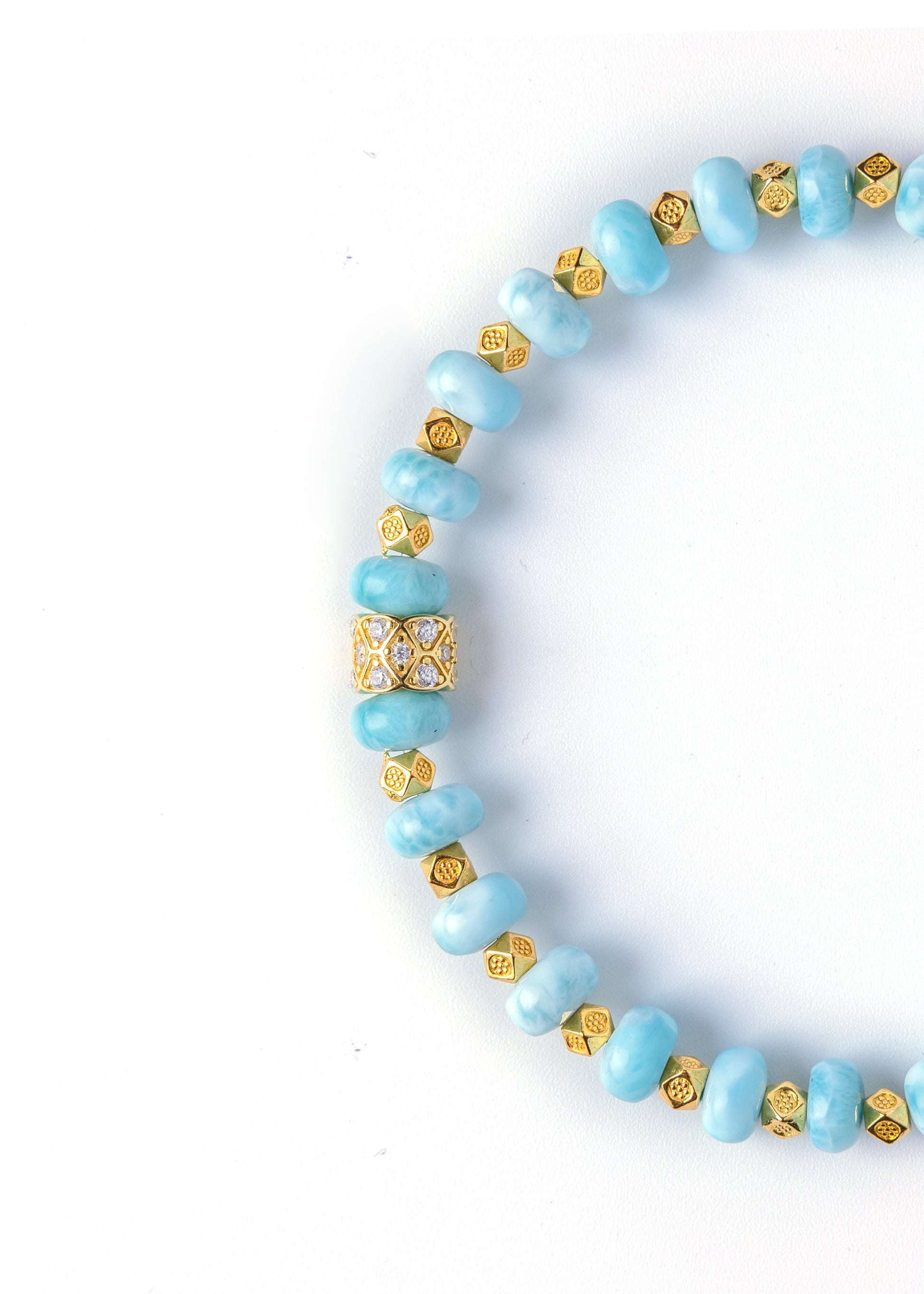 Money Comes Like Water - Original Chinese Feng Shui Lucky Bracelet Charms in Hong Kong made of Gold plating Silver, Larimar and Gold-colored & Shiny beads. Blessing For : Luck Leap, Wealth.