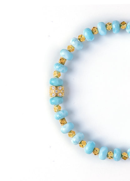 Money Comes Like Water - Original Chinese Feng Shui Lucky Bracelet Charms in Hong Kong made of Gold plating Silver, Larimar and Gold-colored & Shiny beads. Blessing For : Luck Leap, Wealth.