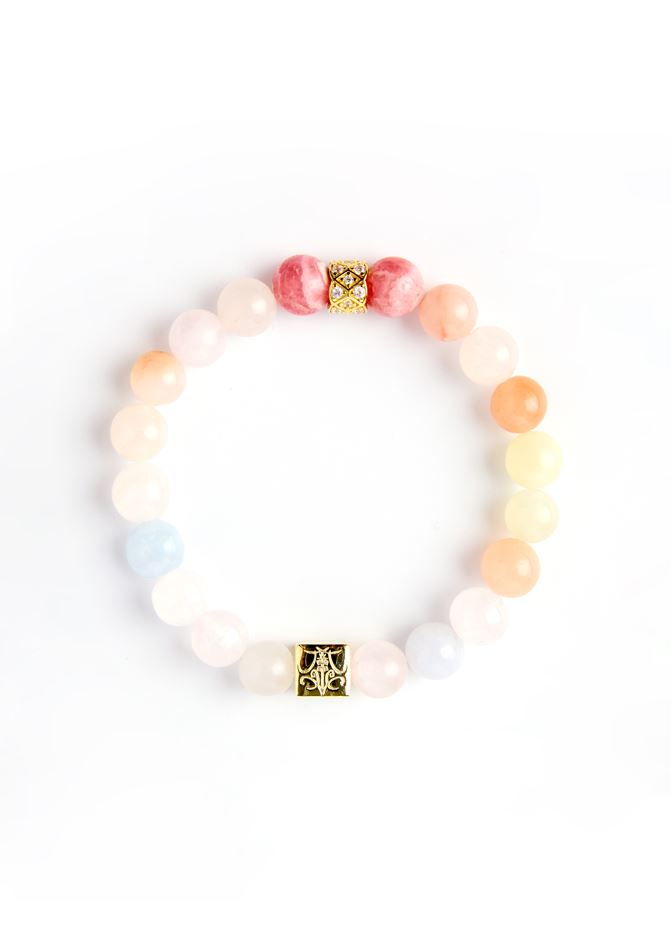 Blossoms of Romance - Original Chinese Feng Shui Lucky Bracelet Charms in Hong Kong made of Gold plating Silver, Rhodochrosite and dopamine hues Morganite Blessing For : Romantic relationships, Harmonious Relationships, love