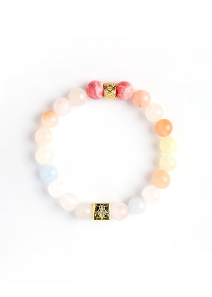 Blossoms of Romance - Original Chinese Feng Shui Lucky Bracelet Charms in Hong Kong made of Gold plating Silver, Rhodochrosite and dopamine hues Morganite Blessing For : Romantic relationships, Harmonious Relationships, love