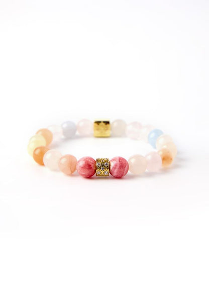 Blossoms of Romance - Original Chinese Feng Shui Lucky Bracelet Charms in Hong Kong made of Gold plating Silver, Rhodochrosite and dopamine hues Morganite Blessing For : Romantic relationships, Harmonious Relationships, love