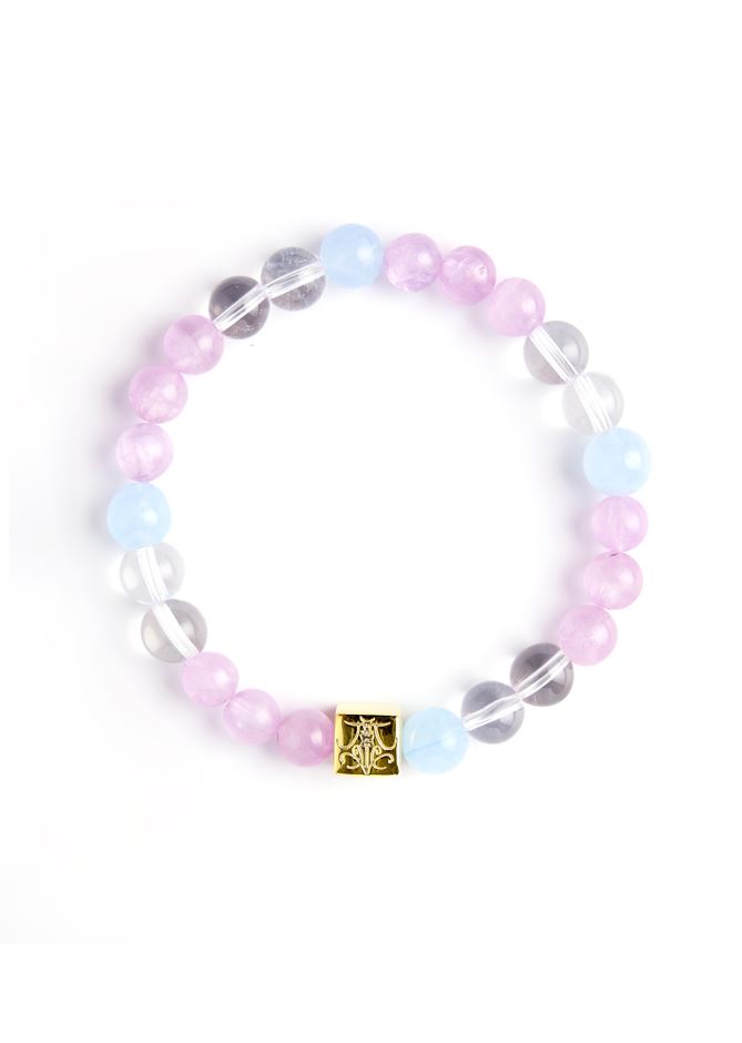 Ascend in Career - Original Chinese Feng Shui Lucky Bracelet Charms in Hong Kong, made of Gold plating Silver, Kunzite, Clear Quartz and Aquamarine Blessing For : Luck Leap, Career