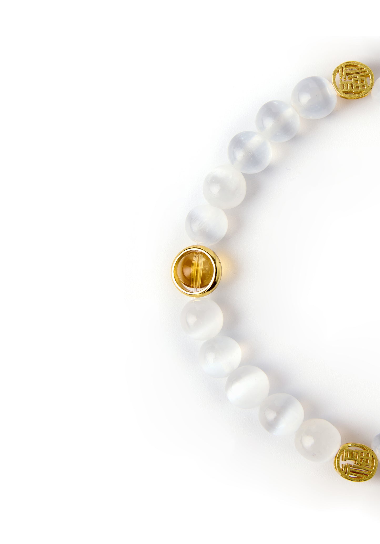 Full of Blessing - Original Chinese Feng Shui Lucky Bracelet Charms in Hong Kong made of Gold plating Silver, Citrine, Selenite and gold-color "blessing". Blessing For : Wealth, Sooth Mood, Luck Leap, Harmonious Relationships.