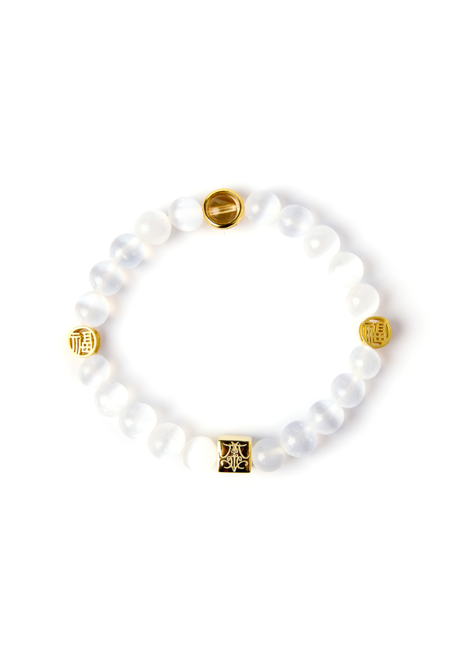 Full of Blessing - Original Chinese Feng Shui Lucky Bracelet Charms in Hong Kong made of Gold plating Silver, Citrine, Selenite and gold-color "blessing". Blessing For : Wealth, Sooth Mood, Luck Leap, Harmonious Relationships.