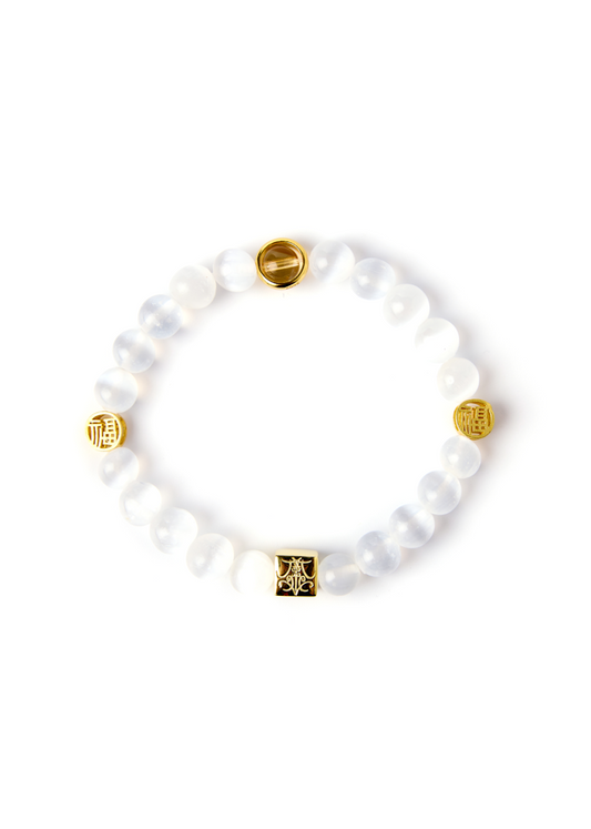 Full of Blessing - Original Chinese Feng Shui Lucky Bracelet Charms in Hong Kong made of Gold plating Silver, Citrine, Selenite and gold-color "blessing". Blessing For : Wealth, Sooth Mood, Luck Leap, Harmonious Relationships.