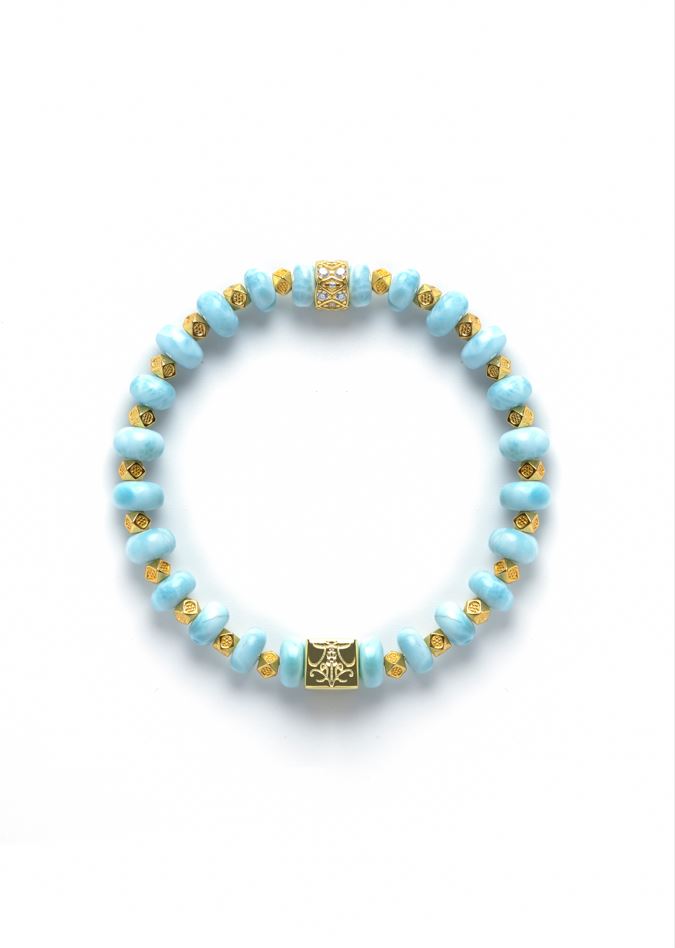 Money Comes Like Water - Original Chinese Feng Shui Lucky Bracelet Charms in Hong Kong made of Gold plating Silver, Larimar and Gold-colored & Shiny beads. Blessing For : Luck Leap, Wealth. 