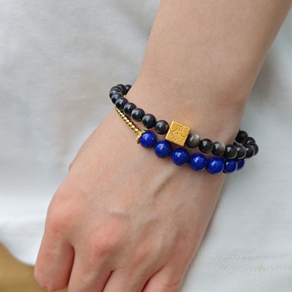 Triple*3 Wealth - Original Chinese Feng Shui Lucky Bracelet Charms in Hong Kong made of Gold plating Silver, Lapis lazuli and Gold-colored tiny beads. Blessing For : Luck Leap, Wealth.